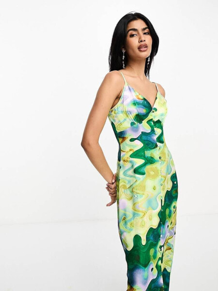 Never Fully Dressed satin midaxi dress in green marble print