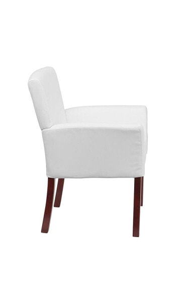 White Leather Executive Side Reception Chair With Mahogany Legs
