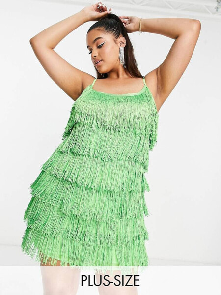 River Island Plus fringe mini dress in green