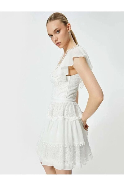 Mini Dantelli Elbise Katlı Dökümlü Kısa Tül Kol Kalp Yaka Astarlı 4SAK80021FW Kırık Beyaz
