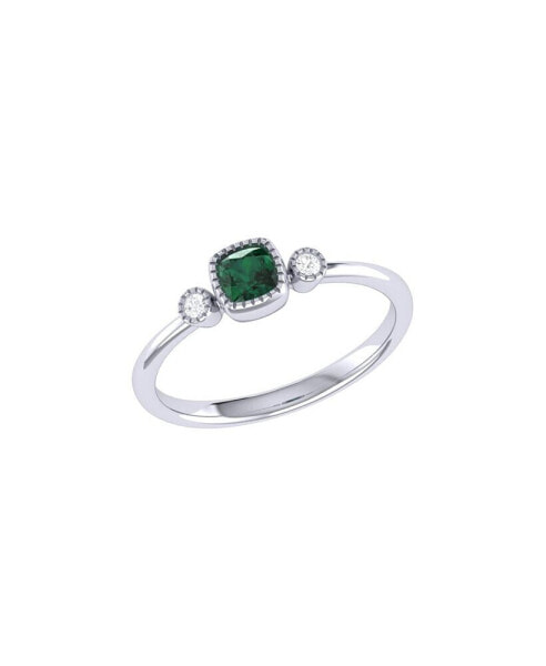 Cushion Cut Emerald Gemstone, Natural Diamonds Birthstone Ring in 14K White Gold