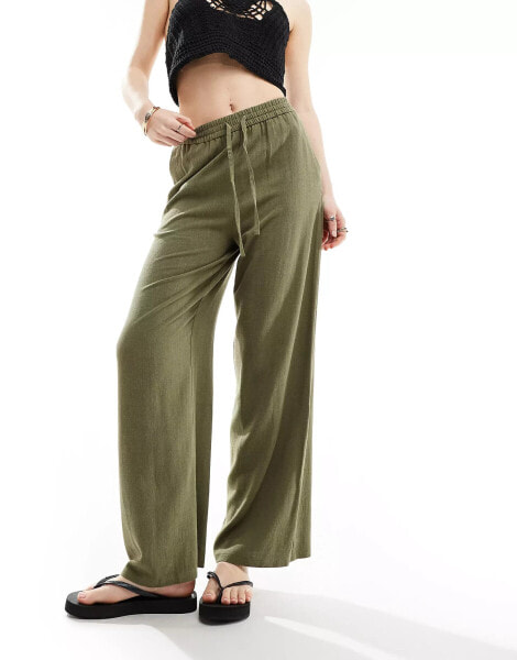 Miss Selfridge linen blend pull on wide leg trouser in khaki