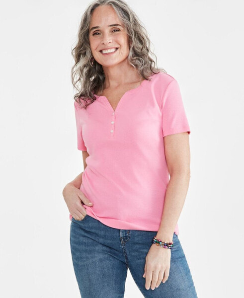 Petite Cotton Henley Short-Sleeve T-Shirt, Created for Macy's