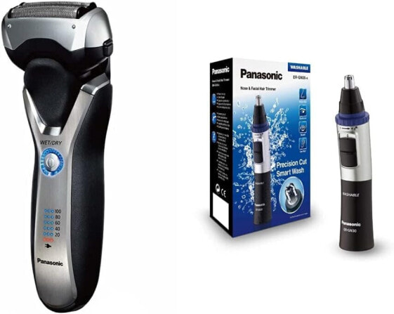 Электробритва Panasonic ES-RT67 Wet/Dry с 3 секущими элементами, выдвижным триммером для длинных волос, индикатором уровня заряда на 5 уровней, набором сменных лезвий и сеткой для бритья.