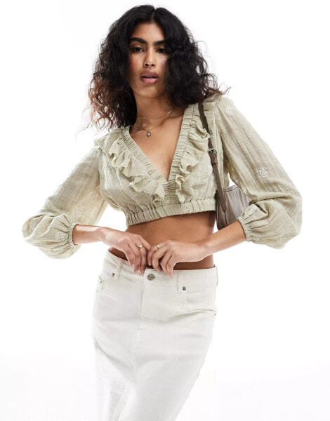 Stradivarius embroidery blouse with lace up back detail in khaki