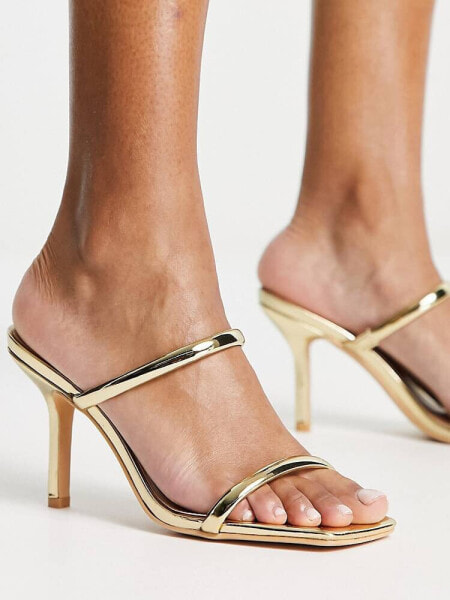 Glamorous two strap mule heeled sandals in gold 