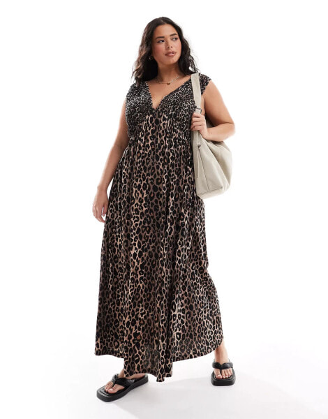 ASOS DESIGN Curve v neck with full hem midaxi dress in leopard print