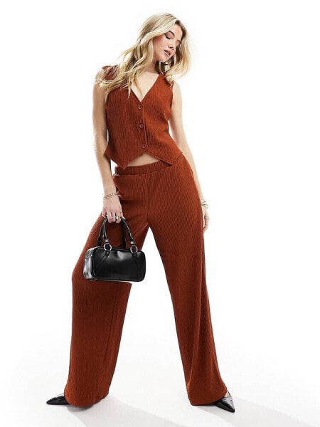 Vero Moda plisse wide leg trouser co-ord in rust 