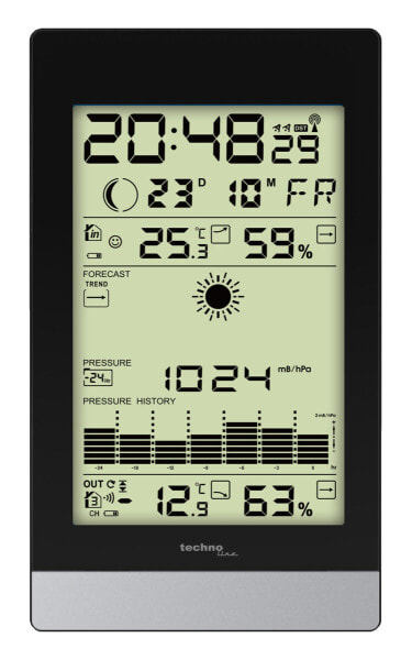 Technoline WS 9050 - Black,Silver - Indoor hygrometer,Indoor thermometer,Outdoor barometer,Outdoor hygrometer,Outdoor thermometer - Hygrometer,Thermometer - Barometer,Hygrometer,Thermometer - F,°C - 60 m