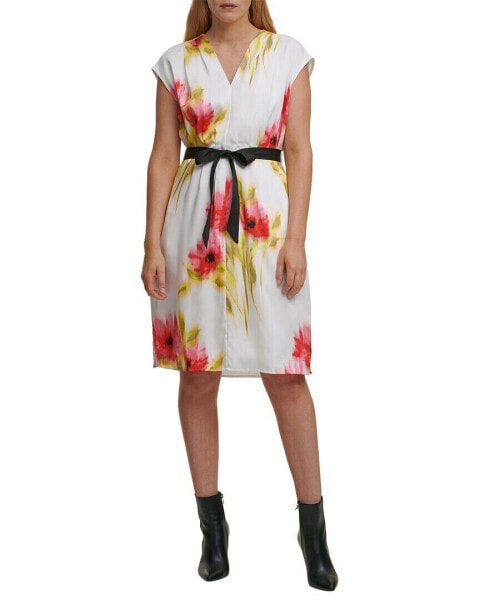 Dkny Printed Cap Sleeve V-Neck Dress Women's L