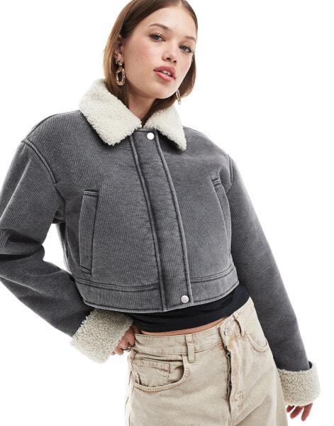 ASOS DESIGN cord bonded jacket with shearling collar in grey