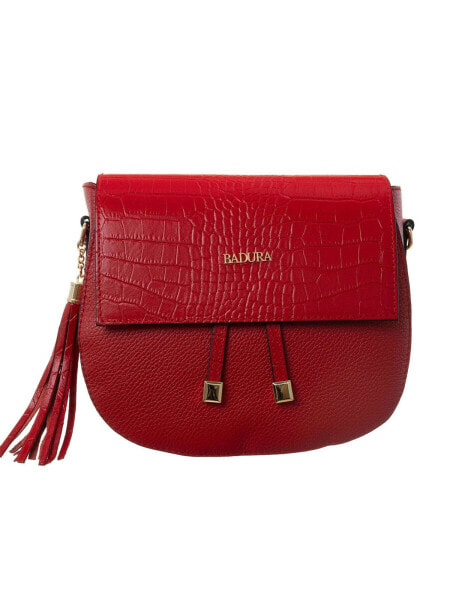 Женская красная кожаная сумка  Factory Price длинная ручка, логотип, одно отделение на магните, брелок с бахромой