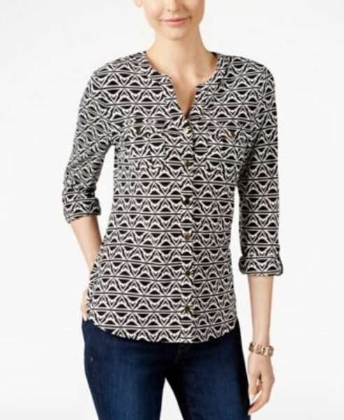 Charter Club Women's Printed Button Front Shirt Deep Black White XXL