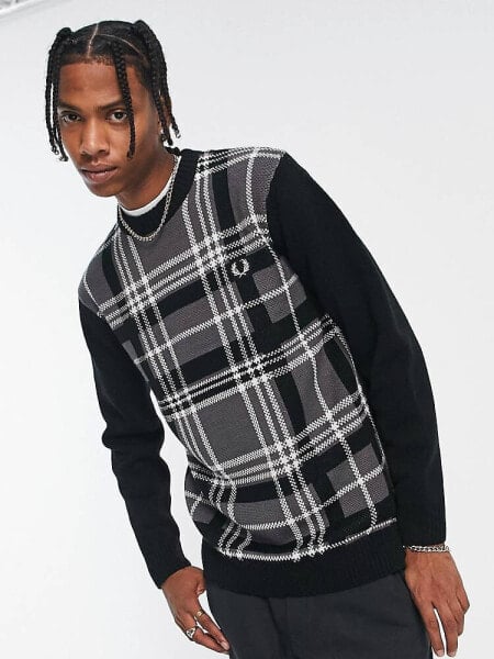 Fred Perry tartan panel jumper in black