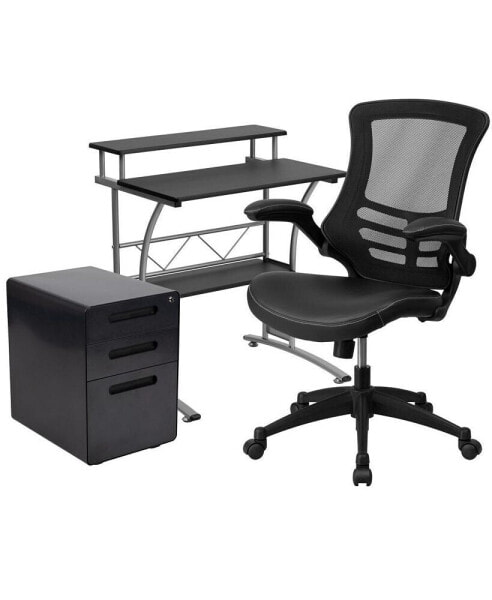 Work From Home Kit-Computer Desk, Mesh/Leathersoft Office Chair, File Cabinet