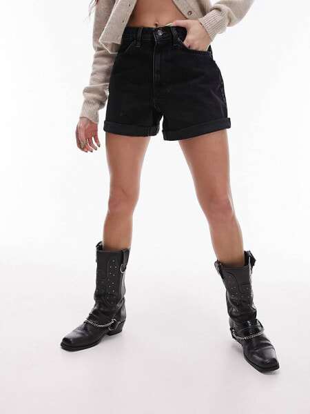 Topshop denim roll hem shorts in washed black