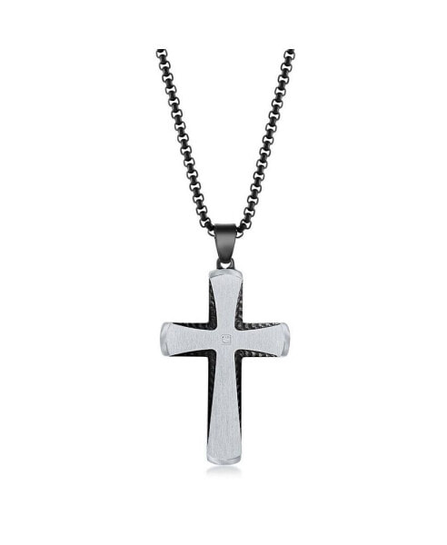 Men's Stainless Steel Black & Silver Single CZ Cross Necklace