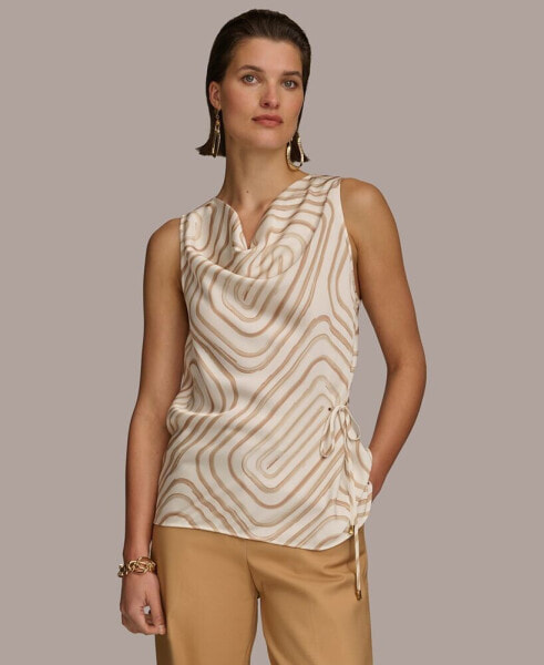 Women's Sleeveless Printed Satin Drape-Neck Blouse