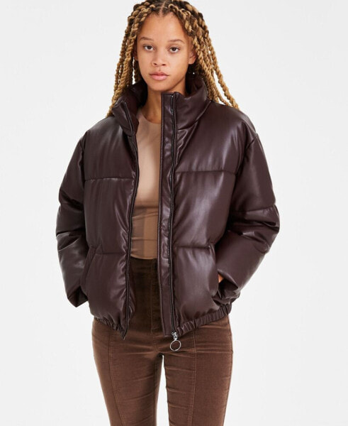 Juniors' Faux-Leather Cropped Puffer Coat