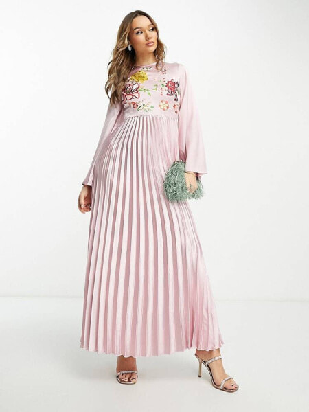 ASOS DESIGN satin maxi pleated dress with embroidery in pink 