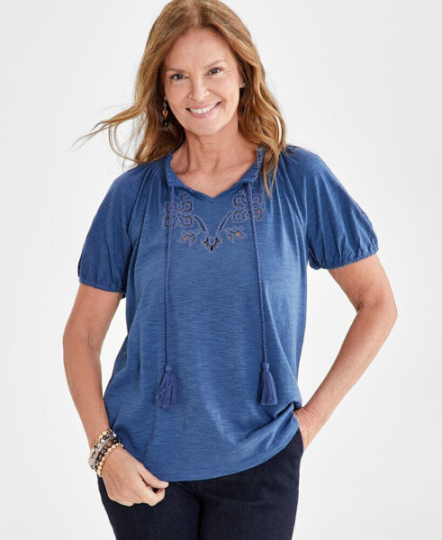 Petite Sandy Embroidery Vacay Top, Created for Macy's