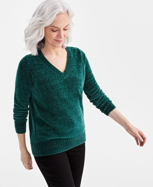 Petite Chenille V-Neck Pullover Sweater, Created for Macy's