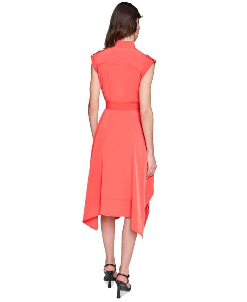 Women's Belted Handkerchief-Hem Midi Dress