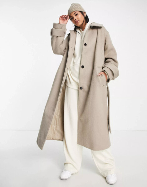 ASOS DESIGN smart brushed boyfriend wool mix coat in mushroom