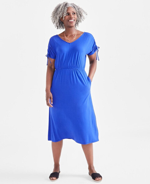 Women's V-Neck Ruched-Sleeve Dress, Created for Macy's