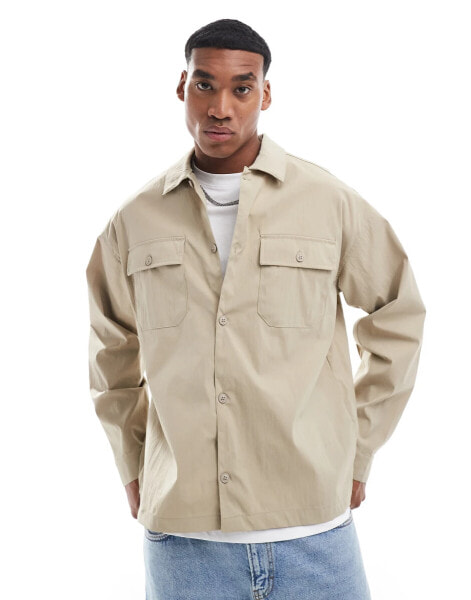 Jack & Jones oversized nylon overshirt in beige