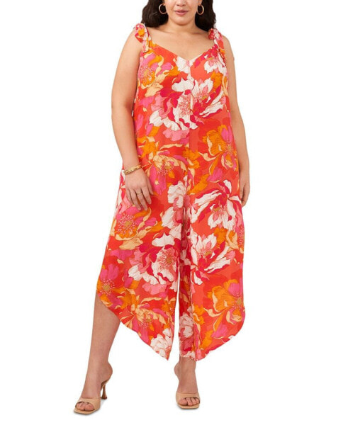 Plus Size Floral Tie Shoulder Angled Hem Jumpsuit