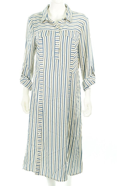 ECI 123740 Womens Ivory/Blue/Black Striped Long Sleeve Casual Shirt Dress Size 4