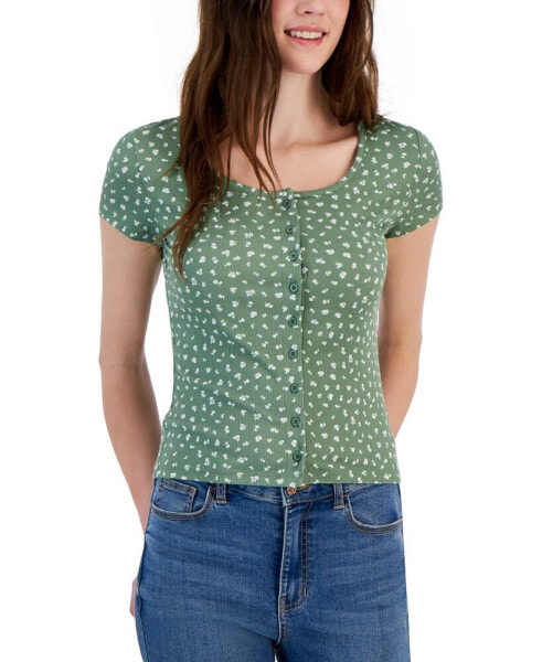 Juniors' Printed Button-Front T-Shirt