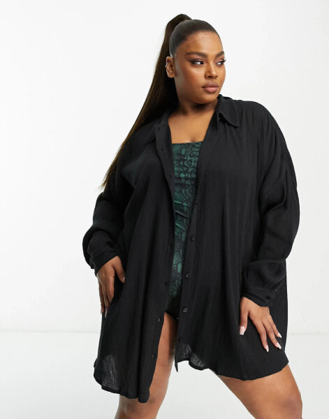 ASOS DESIGN Curve cotton crinkle beach shirt cover-up in black