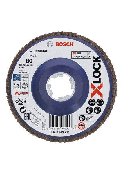 Bosch X-LOCK Fächerschleifscheibe, gerade Ausführung, Kunststofftragplatte, Ø125 mm, K 80, X571, Best for Metal, 1 Stück D = 125 mm; K = 80, gerade