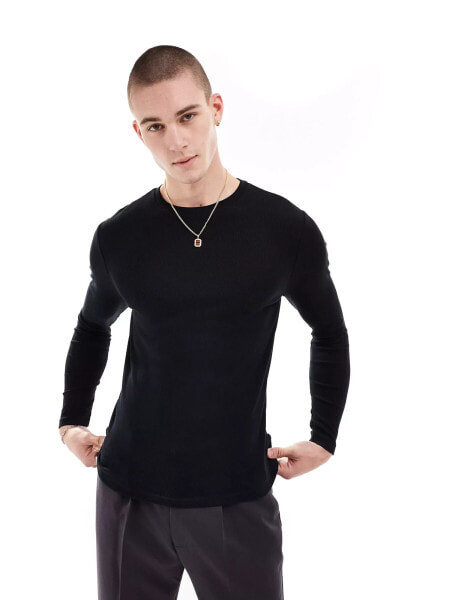 ASOS DESIGN essential muscle fit long sleeve rib t-shirt in black