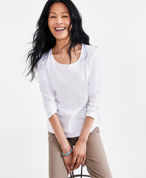 Women's Cotton Long-Sleeve Scoop-Neck Top, Created for Macy's