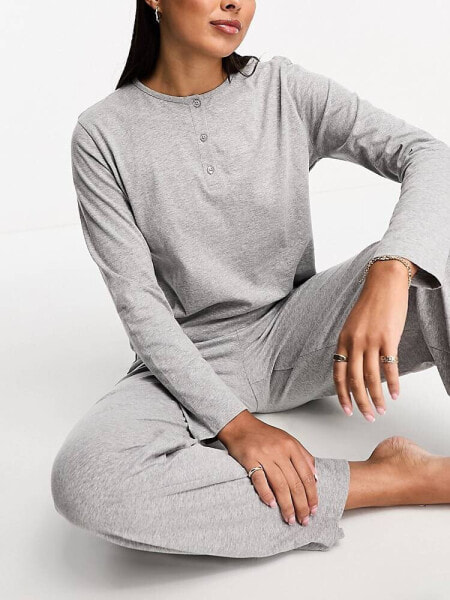 ASOS DESIGN mix & match cotton long sleeve henley pyjama top in grey marl