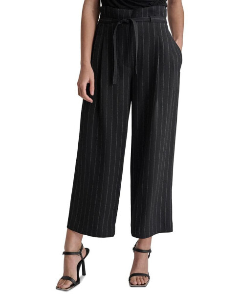 Women's Pinstripe Mid Rise Paperbag-Waist Cropped Pants