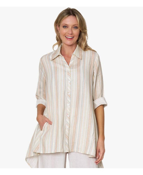 Women's Striped Linen Long Sleeve Collared V-Neck True Form Shirt