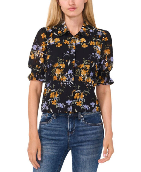 Women's Puffed Short-Sleeve Button-Down Blouse