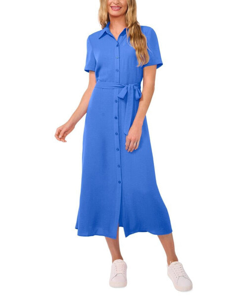 Women's Short-Sleeve Belted Midi Shirtdress