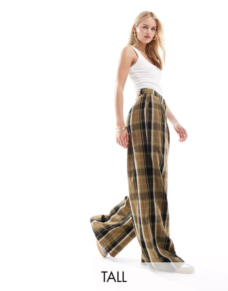 Noisy May Tall high waist wide leg trousers with pleat detail in khaki check