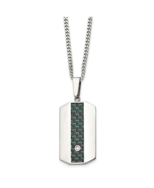 Black and Green Carbon Fiber Inlay and CZ Dog Tag Curb Chain Necklace