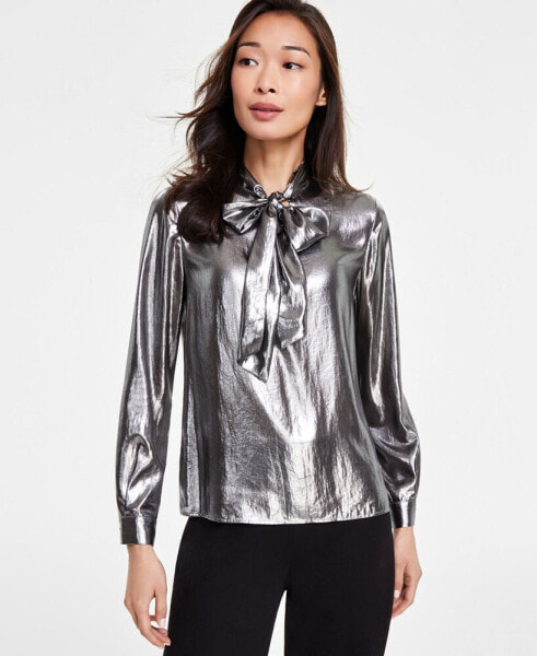 Women's Metallic Scarf-Neck Buttoned-Cuff Top