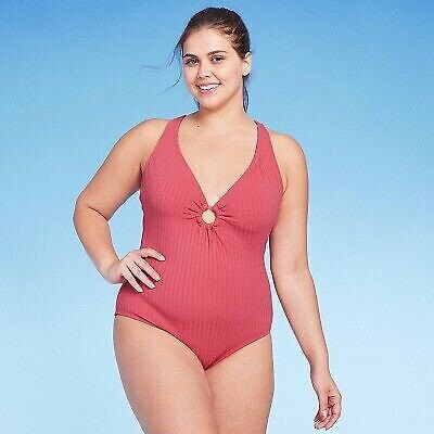 Women's Wide Ribbed Ring Medium Coverage One Piece Swimsuit - Kona Sol Red L