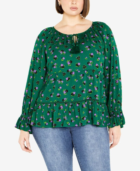 Plus Size Floral Field Shirred Cuff Top