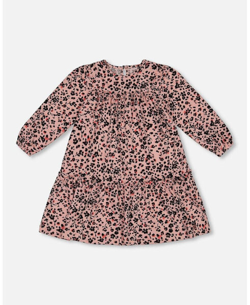 Toddler Girls Long Sleeve Dress With Frills Pink Printed Leopard Flowers - Toddler|Child