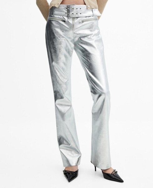 Women's Belt Detail Metallic Pants