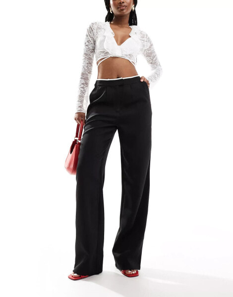 Kaiia tailored contrast edge wide leg trousers in monochrome